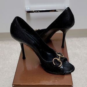 GUCCI Black Horsebit Snakeskin Open Toe Heels